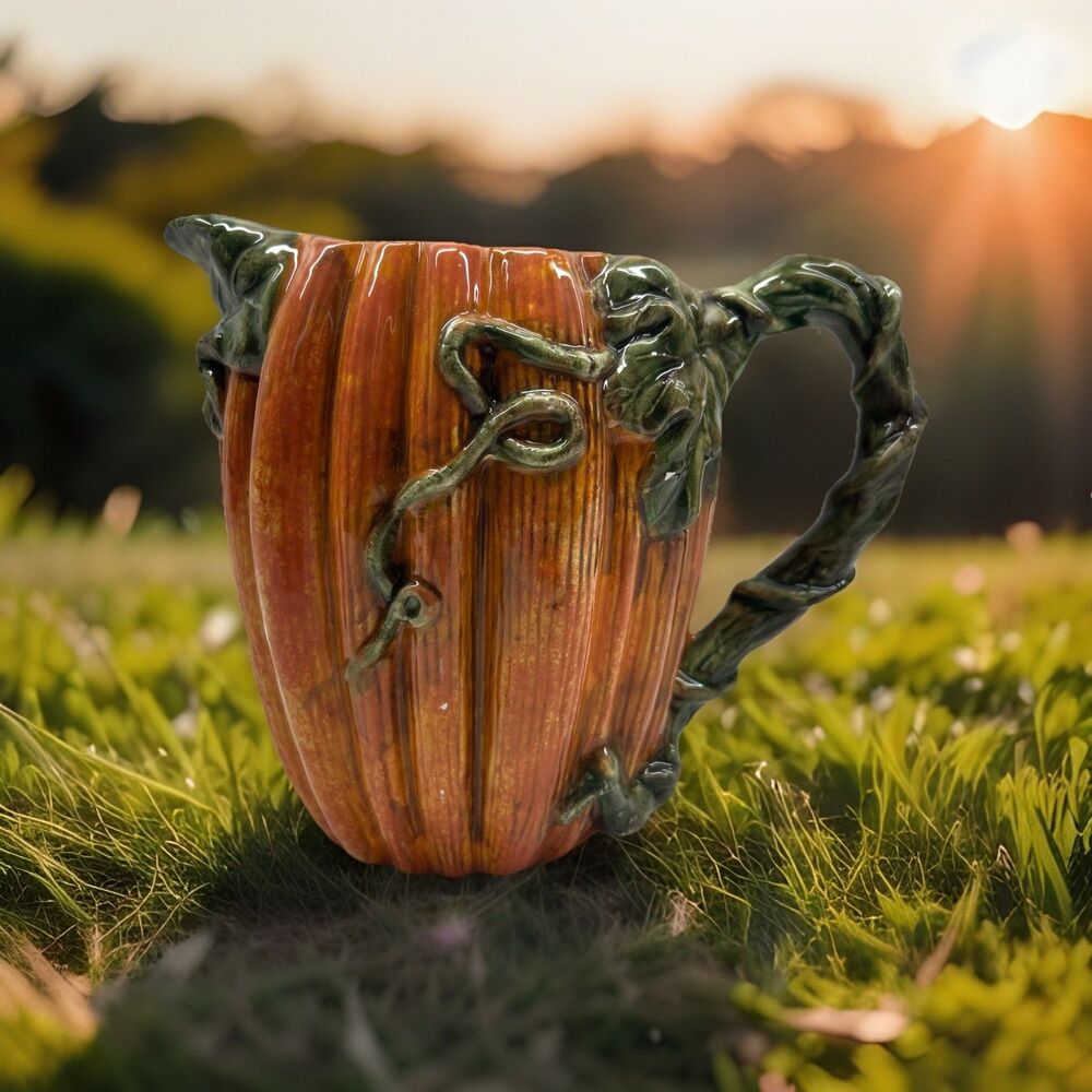Vintage 7-1/2" Handmade & Hand‎ Painted Autumn Pumpkin & Vine Glazed Pitcher EUC